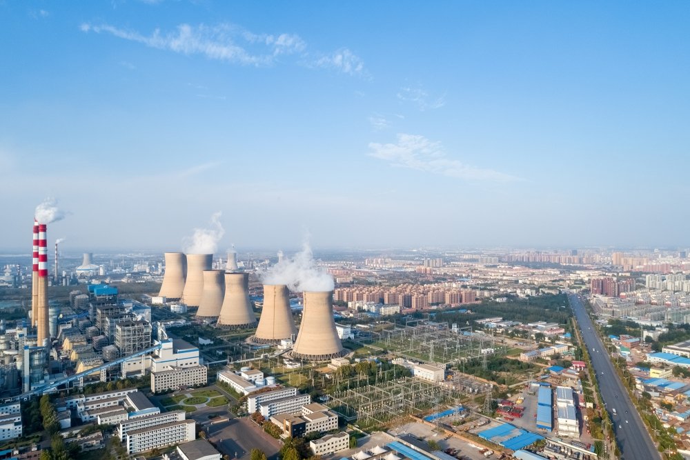 Aerial view of smokestacks at a thermal power plant.