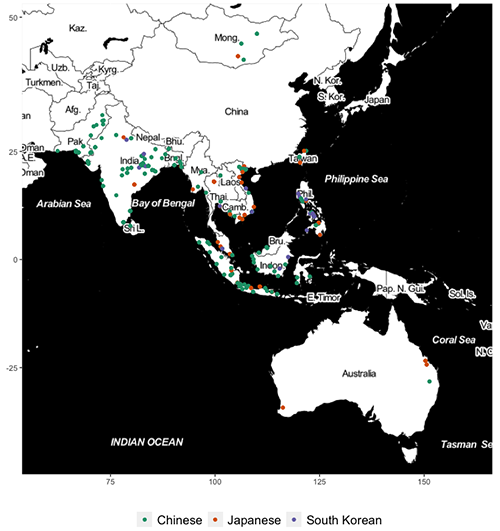 A map of asia showing the locations of Chinese, Japanese, and South Korean power plants