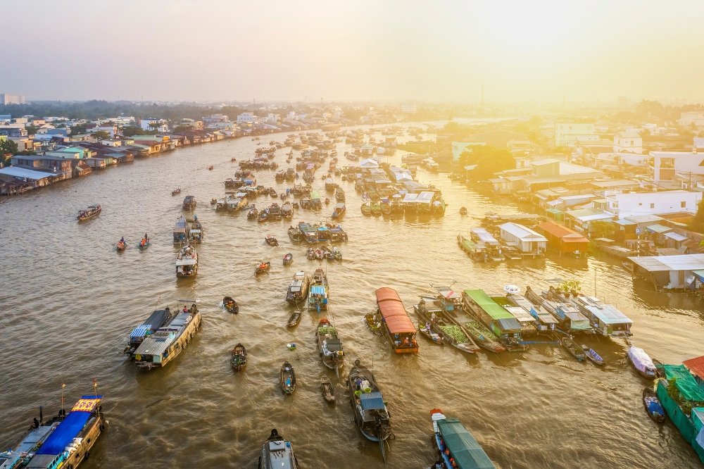 Boats forming a floating market on the Mekong River.