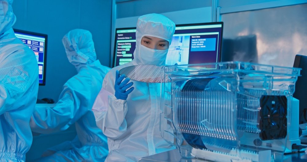 A woman in a clean suit holds up a silicon wafer in a laboratory.