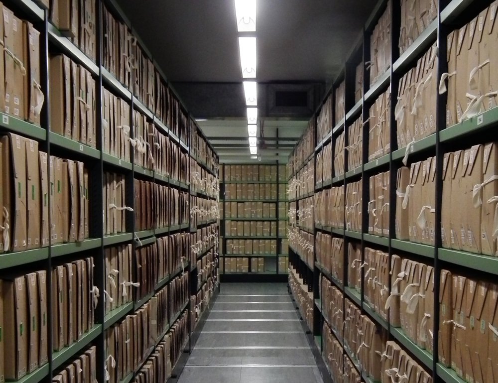 A corridor of files at The National Archives UK