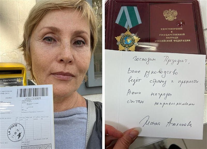 Zhanna Agalakova returns a medal to Vladimir Putin