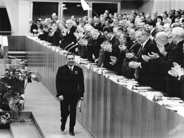 Leonid Brezhnev photographed after speaking in April 1967 at the 7th Party Congress of the SED.