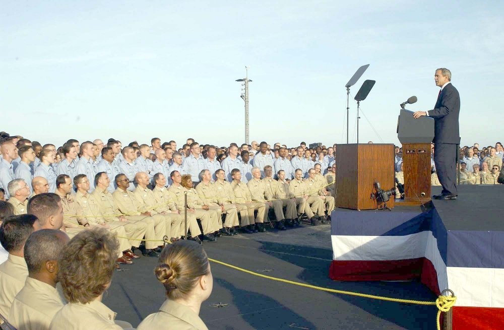George Bush speaking to sailors aboard the USS Abraham Lincoln, May 1, 2003