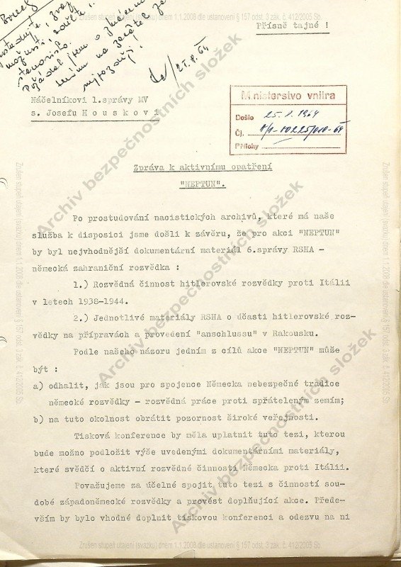 Soviet Intelligence message about the provision of operation with documents, dated August 24, 1964, addressed to the Czech Ministry of the Interior, StB Archive