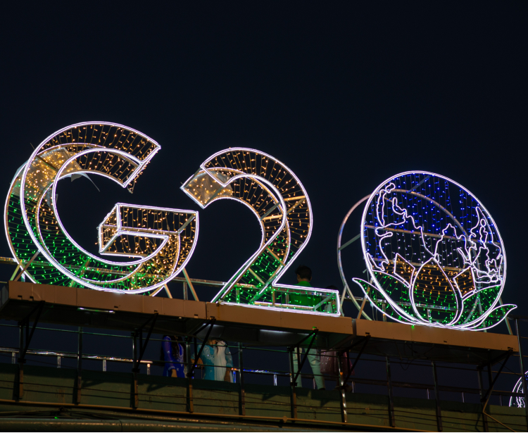 G20 logo installed on a pedestrian bridge outside the main venue of the upcoming G20 Summit