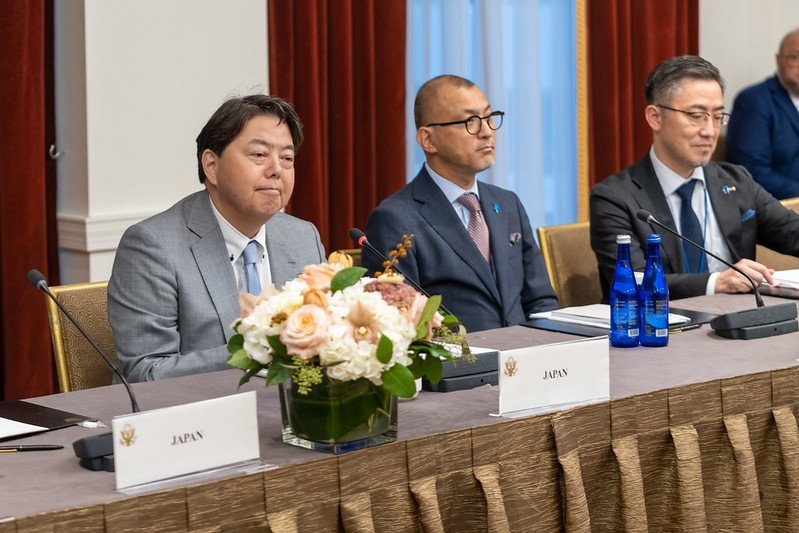 Japanese Foreign Minister Hayashi Yoshimasa (first from left) in a meeting with US Secretary of State Antony Blinken and Republic of Korea Foreign Minister Park Jin in New York City on September 22, 2022.