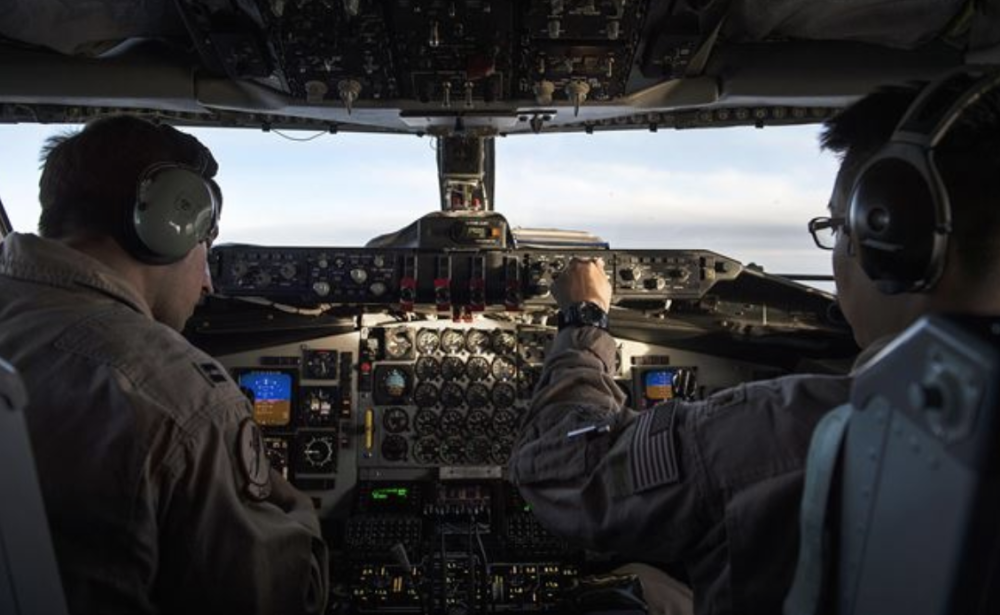 Air Force pilots fly a KC-135 Stratotanker
