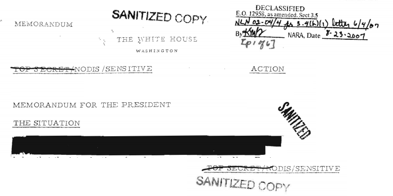 A collage of classification markings, declassification tags, and redacted information derived from a US government record