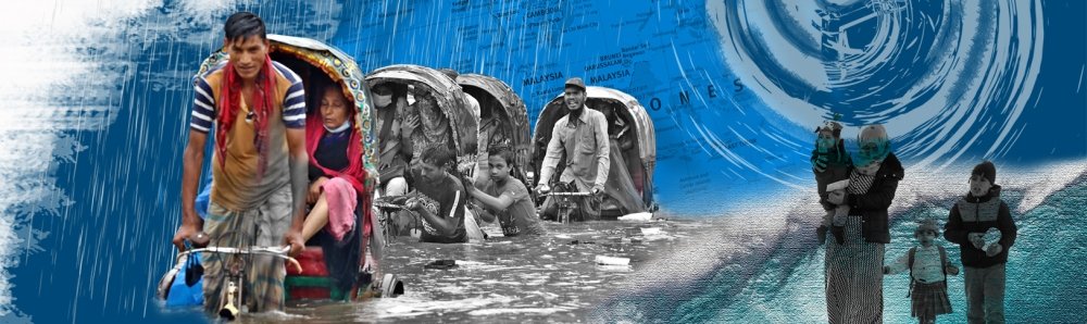 Collage involving people riding bikes through the rain