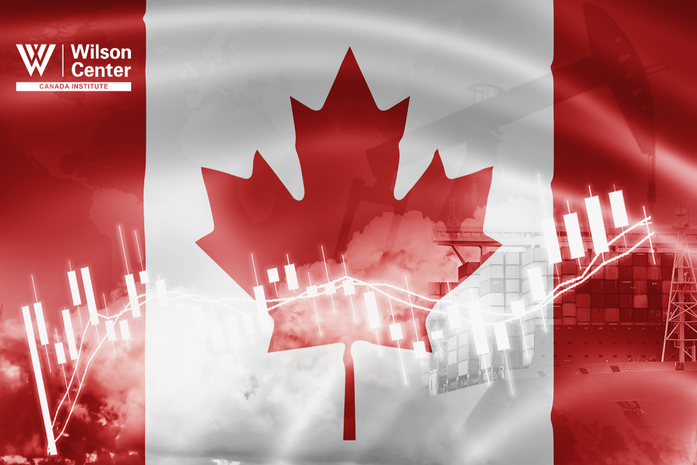 Canada flag, stock market, exchange economy and Trade, oil production, container ship in export and import business and logistics.