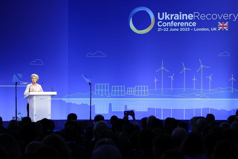 European Commission President Ursula von der Leyen announcing the Ukraine Facility at the Ukraine Recovery Conference in London, UK on June 21, 2023.