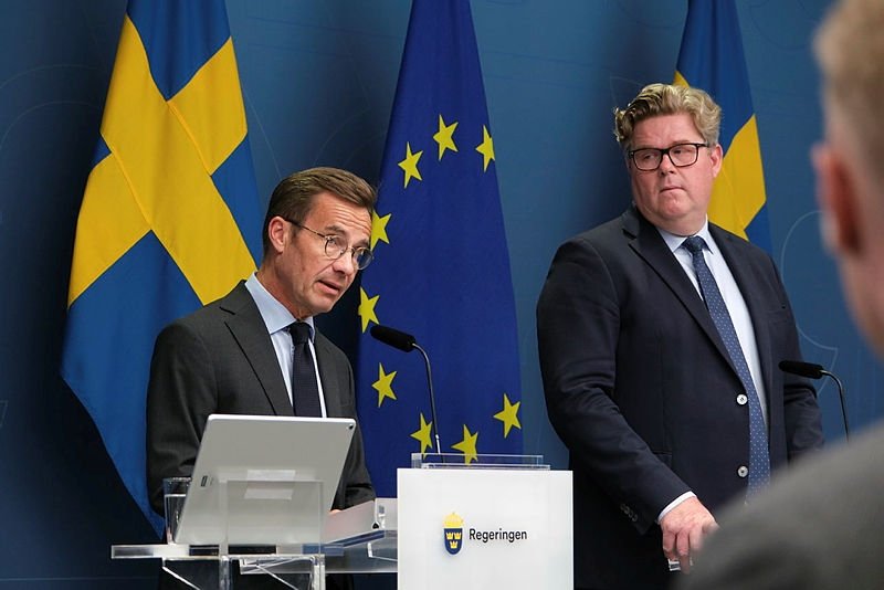 Sweden’s Prime Minister Ulf Kristersson and Minister of Justice Gunnar Strömmer giving a press briefing on Sweden's handling of the recent Quran desecrations in Stockholm, Sweden on August 1 2023.