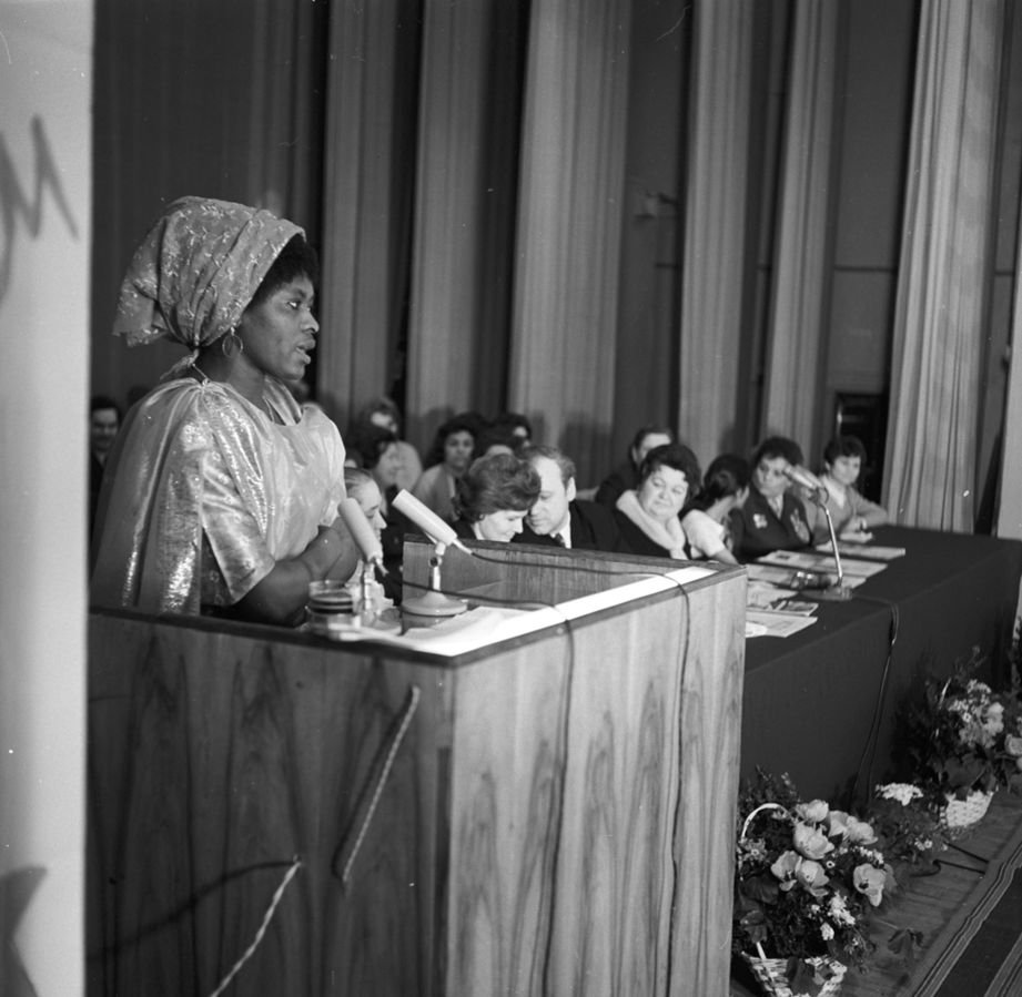 The celebration of the International Women's Day on March 8 at the Patrice Lumumba People's Friendship University. Wilhelmina Scott Boyle, a third year student from Sierra Leone speaks at the podium.