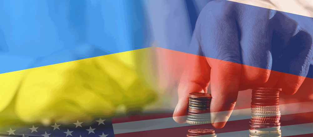 Russian Ukrainian and US Flags with coins