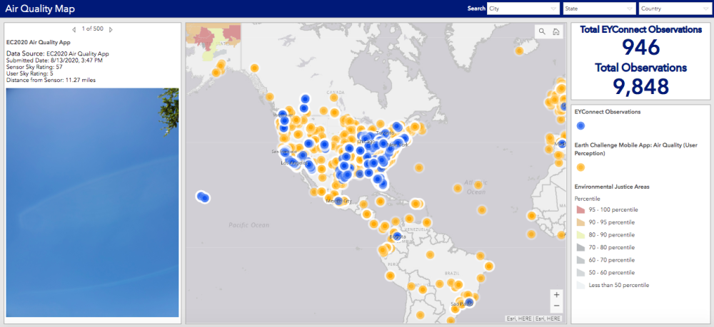 A visualization of air quality observations, on a map.
