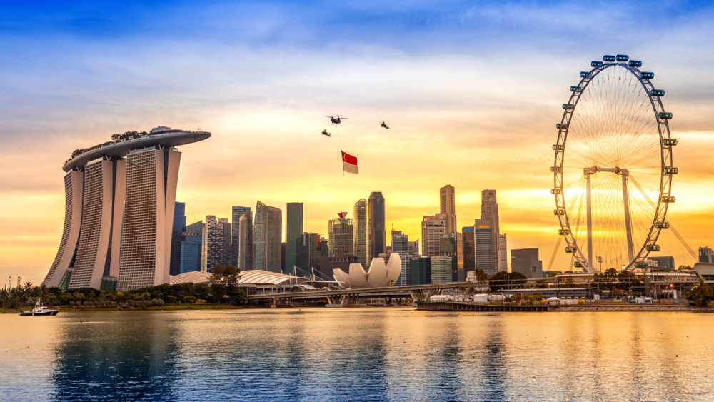 Singapore skyline with flag flown overhead