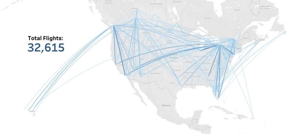 Map of Total Canada and US Flights in April 2019, 32,615 flights