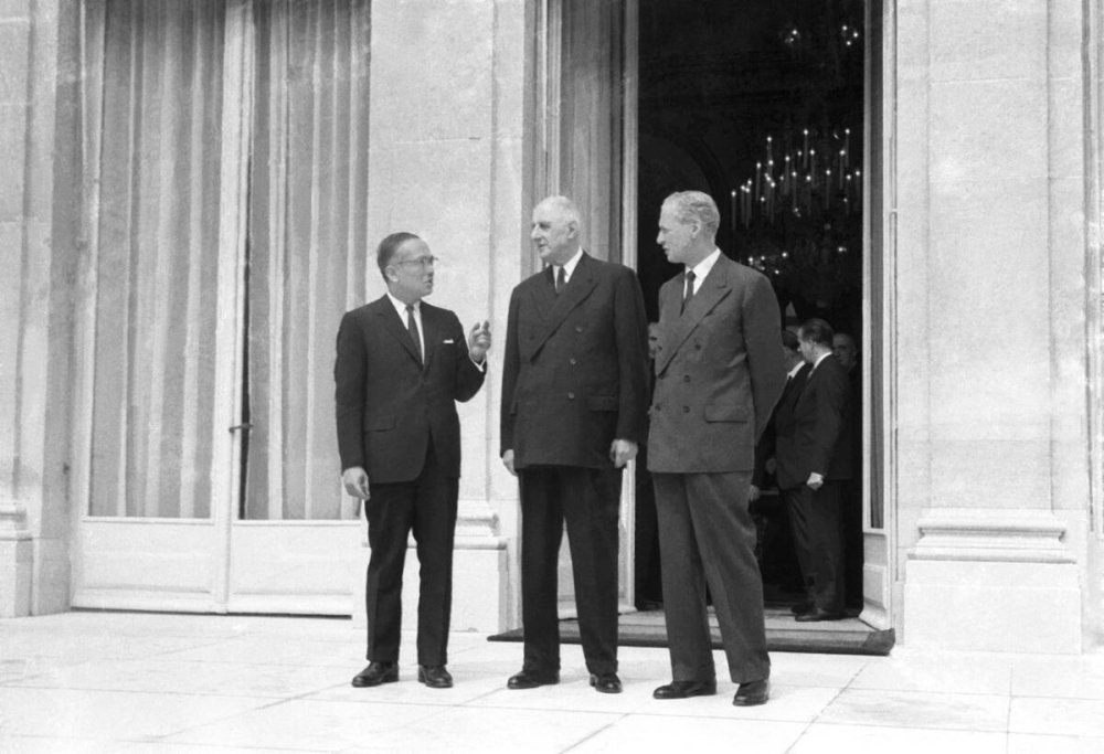 UN Secretary-General, U Thant (left), during his visit to Elysee Palace for discussions with President Charles de Gaulle (centre) and Minister of Foreign Affairs Maurice Couve de Murville (right).