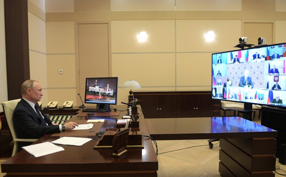 Vladimir Putin speaks to Russian regional governors on a video call about the coronavirus pandemic.