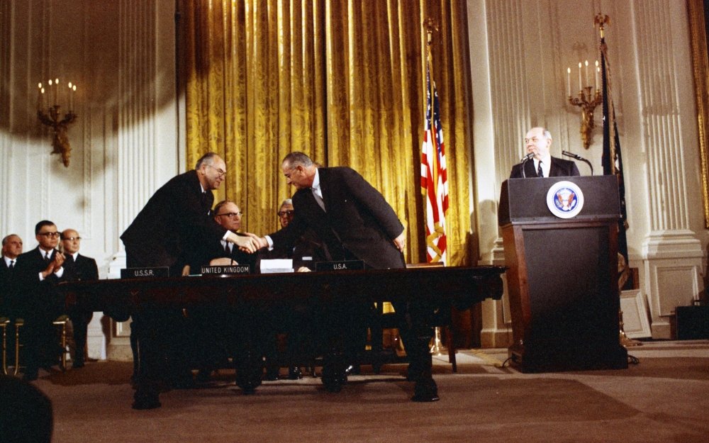 on. Anatoly Dobrynin, Amb. Russia  shakes hands with President Lyndon B. Johnson