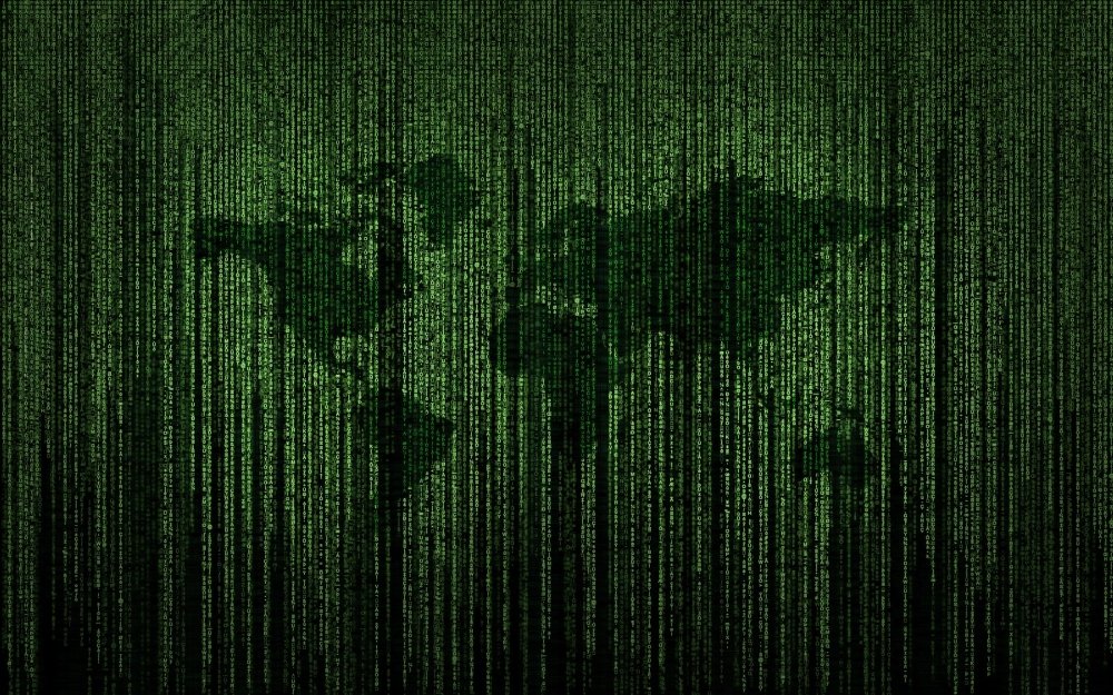 Green world map with binary code