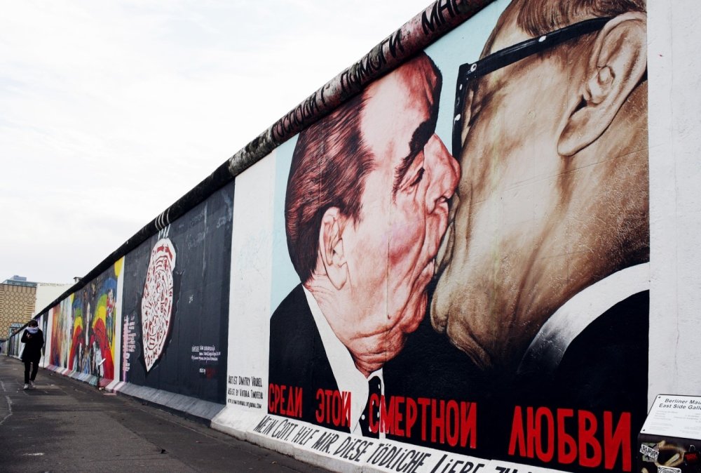 Mural of kiss between Brezhnev and Honecker on the Berlin Wall.