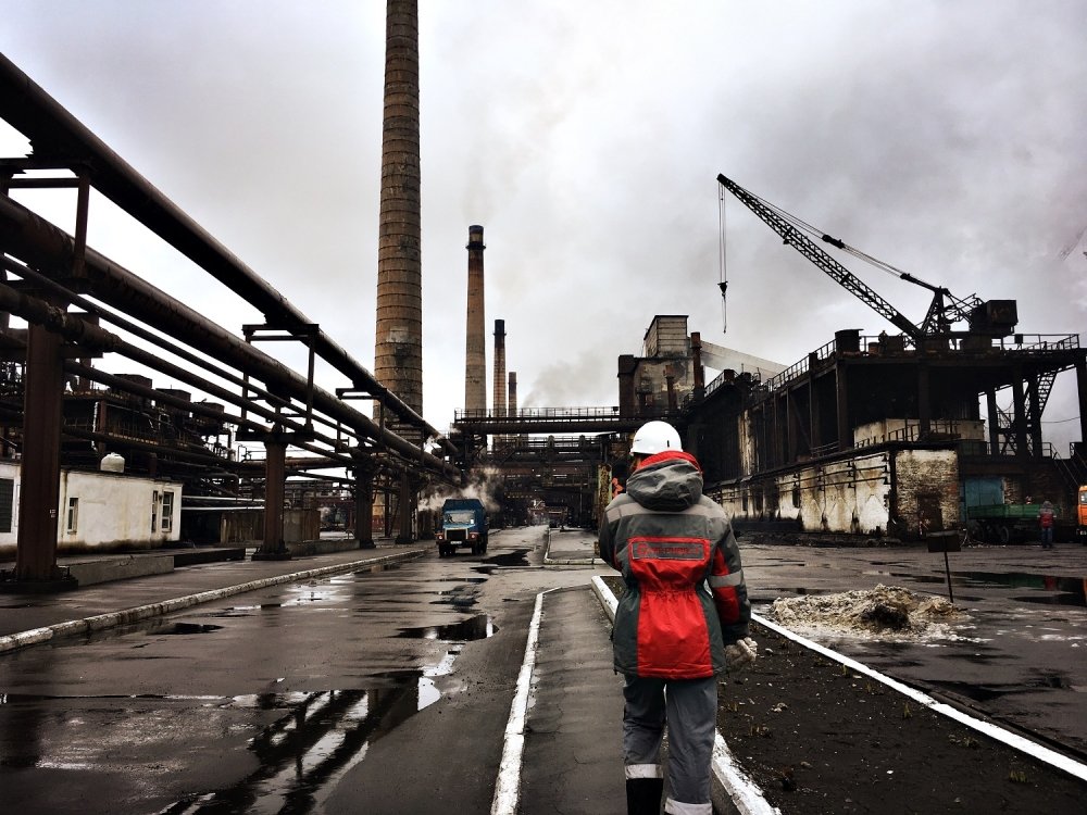 Avdiivka, Donetsk Oblast / Ukraine - February 20 2017: The workers of Avdiivka Coke and Chemical Plant are on duty. The plant in Donbass is the largest coke producer in Ukraine and Europe.