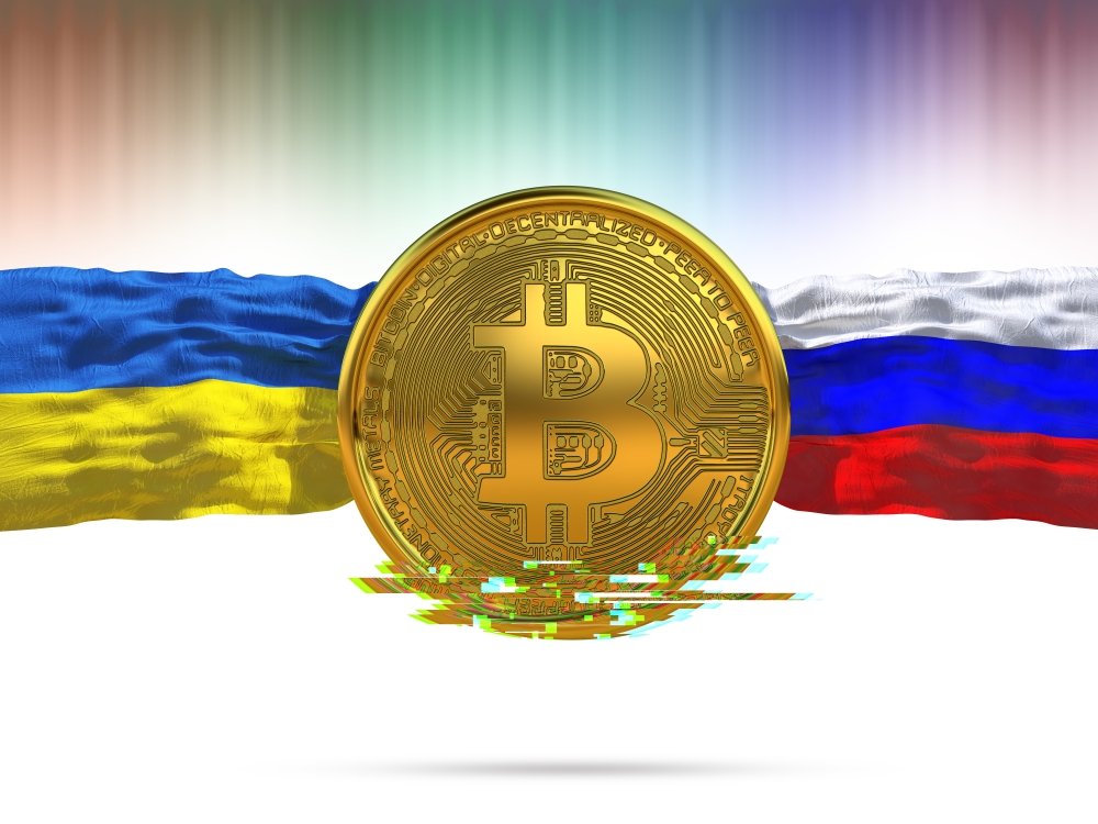 Bitcoin Ukraine and Russian Flags