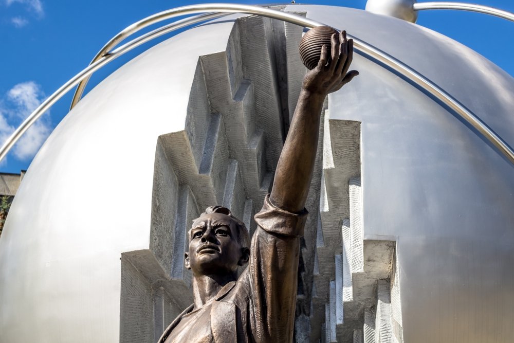 Obninsk, Russia - September 2016: Monument to the Pioneers of Nuclear Energy. Scientist goes out of the atom