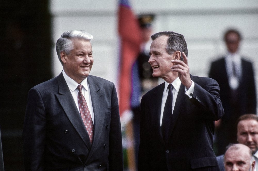 Washington DC, USA, June 16, 1992 United States President George H.W. Bush with Russian President Boris Yeltsin during official state visit to the White House.