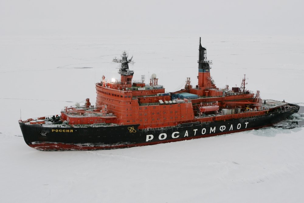 The Arctic Ocean - September 27, 2011: Russian nuclear-powered icebreaker Rossiya (Russia) is seen during its trip to the Russian drift station