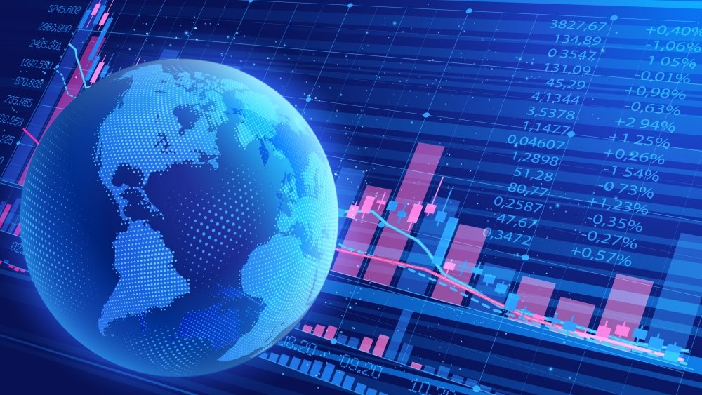 Planet Earth on the background of a scoreboard with indicators of trade indices on the stock exchanges.