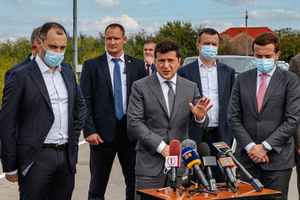 September 25, 2020: President of Ukraine Volodymyr Zelensky (С) answers questions of journalists after inspecting M24 highway as part of working visit to the Zakarpattia region.