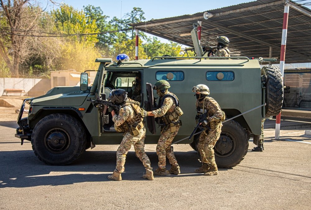 Nagorno-Karabakh - October 8, 2020. The military in special camouflaged clothing with machine guns