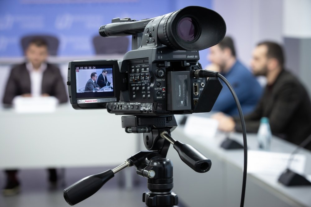 News conference, TV camera in press center. Kyiv, Ukraine. October 29, 2020.