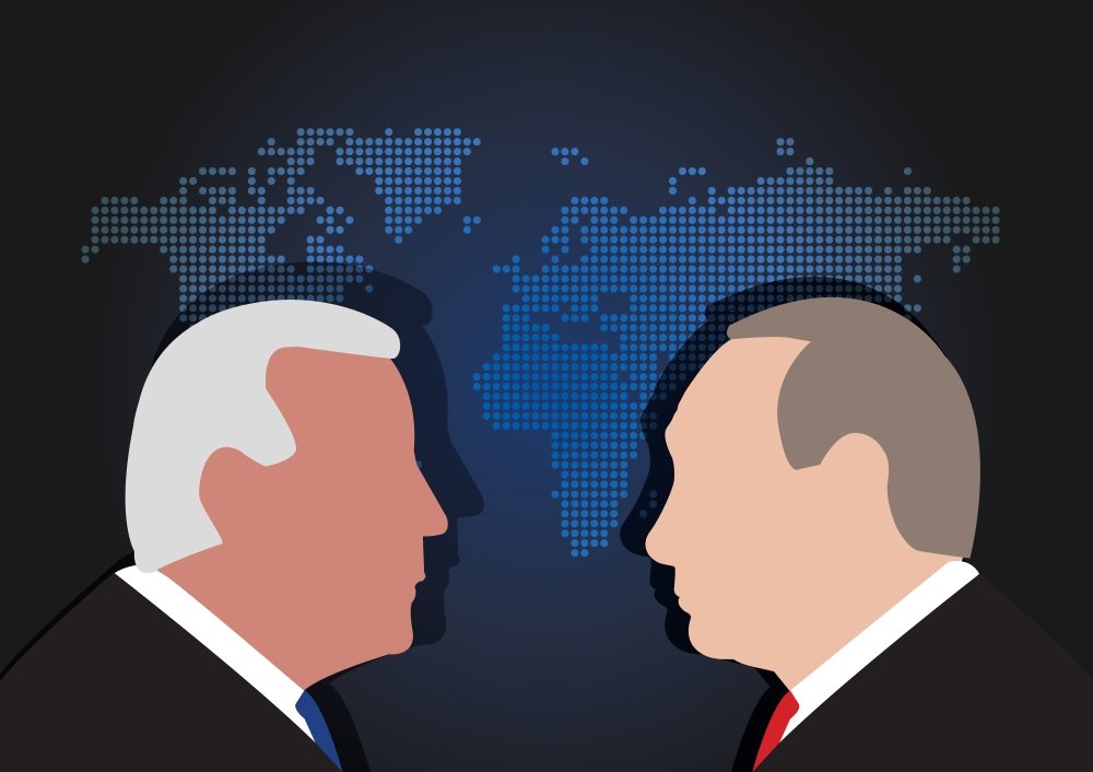 Illustration of Joe Biden and Vladimir Putin, The President of US and Russia over World Map on JANUARY 10,2021