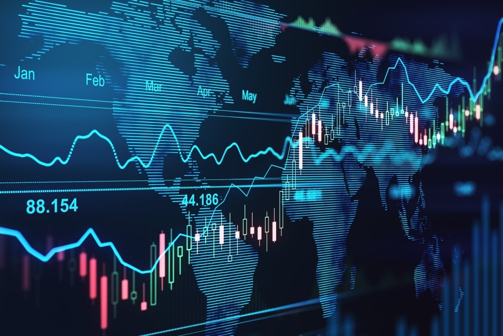 Trading market concept with financial graphs, glowing lines and diagram on digital screen at world map background. 3D rendering