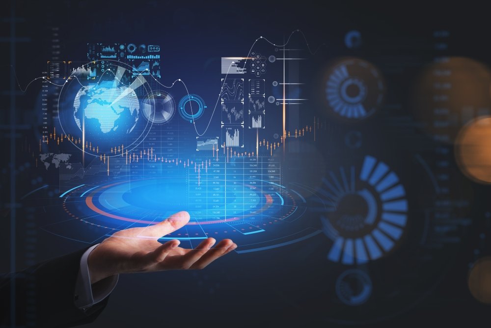 Hand and stock market statistics, blue and orange hologram with candlesticks, big data information and network connection. Global finance and online trading