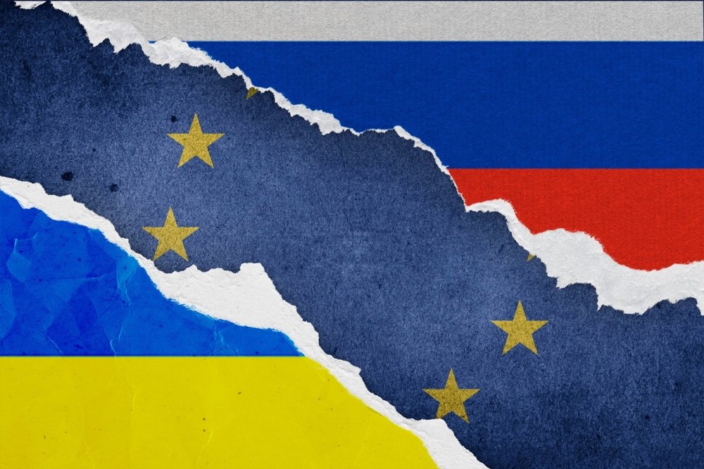 Ukraine, european union, Russia flag grunge Ripped paper background