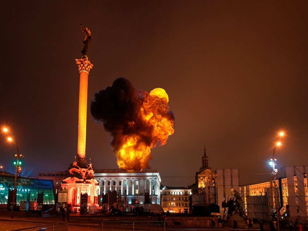 Kyiv, Ukraine; February 24 2022: Putin attacks, there is war in Ukraine, Explosions in Kyiv, missiles on other cities. The land invasion has begun