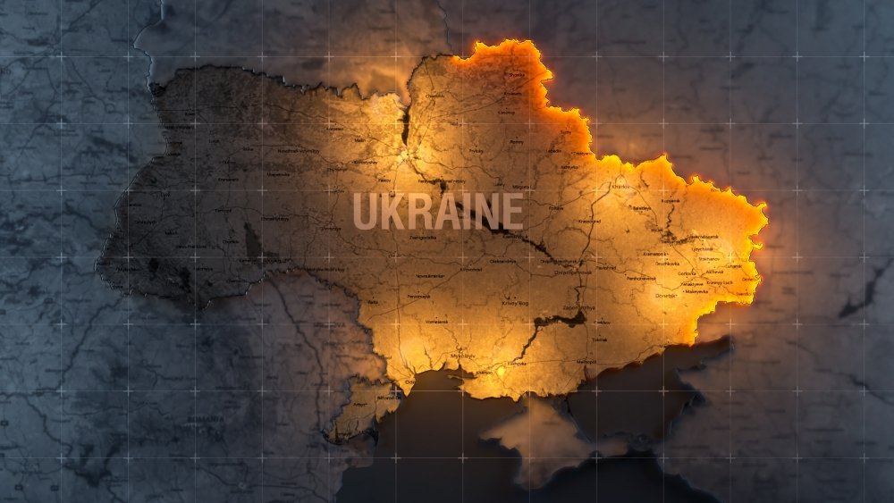 heat map of Ukraine depicting areas of armed conflict to the north, south, and east