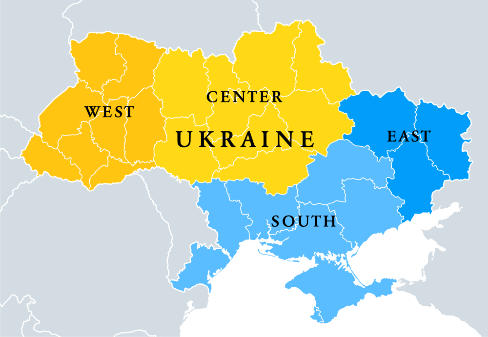 A map of Ukraine with color-coded regions: north, center, east, and south.