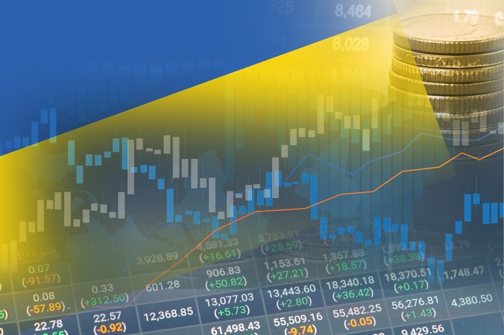 Stock ticker image with Ukrainian flag superimposed