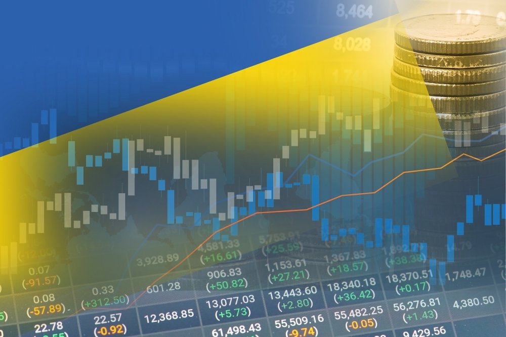 Stock ticker image with Ukrainian flag superimposed