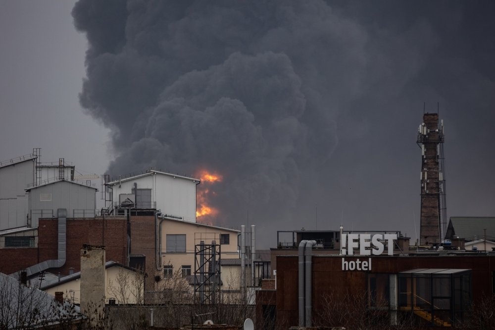 Consequences of a Russian missile strike on an oil storage facility in Lviv, Ukraine