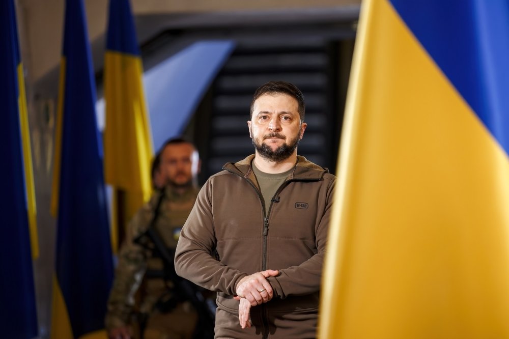 APR-23-2022 Press conference of Volodymyr Zelenskyy the President of Ukraine during Russian Ukrainian war at Kyiv Metro station to protect against air strikes. Kyiv, Ukraine