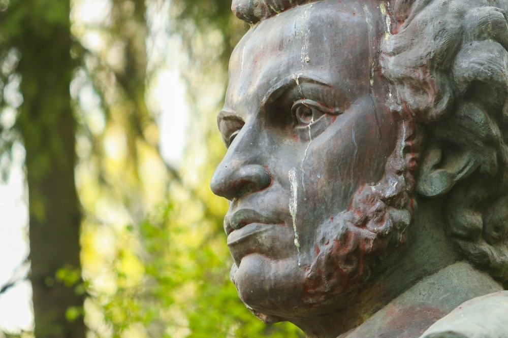 Close-up of a monument to Pushkin