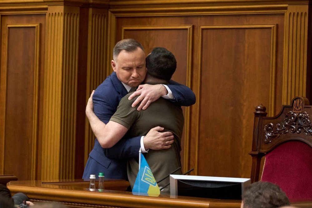 22.05.2022 Ukraine. Kyiv. President of Poland Andrzej Duda and President of Ukraine Volodymyr Zelensky in the Verkhovna Rada of Ukraine.