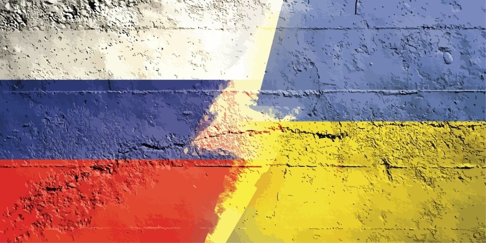 Digital image showing Russian and Ukrainian Flags with bolt going down the middle 